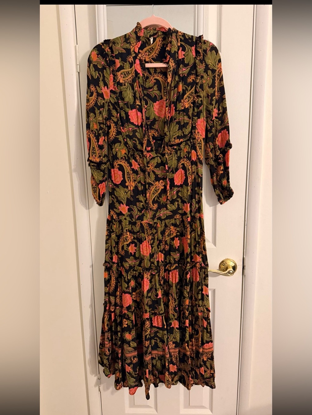 Spell Floral Tiered Maxi Dress in Black, Pink & Olive